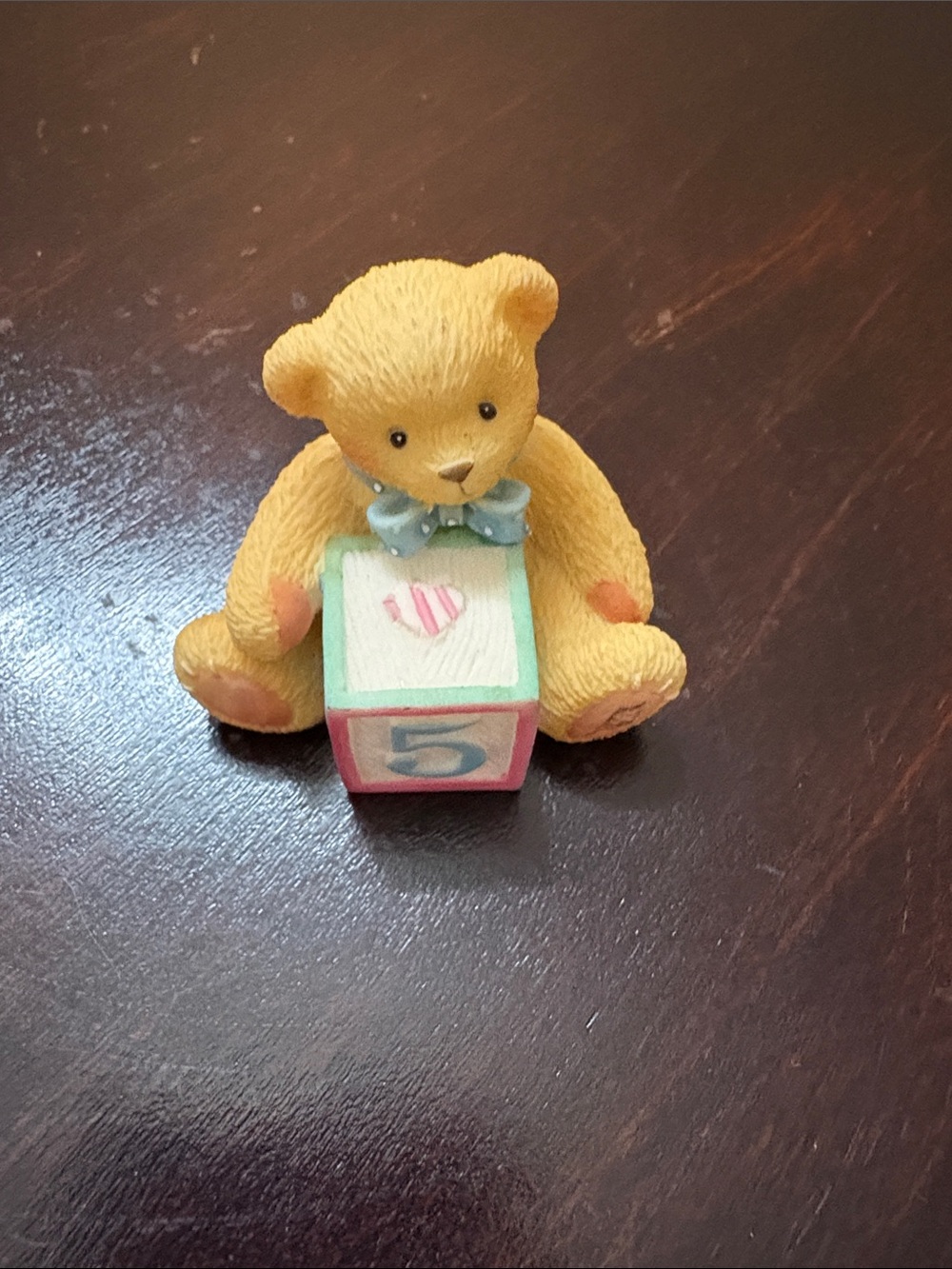 Cherished Teddies Yellow Bear Figurine with Pastel Number Five Block